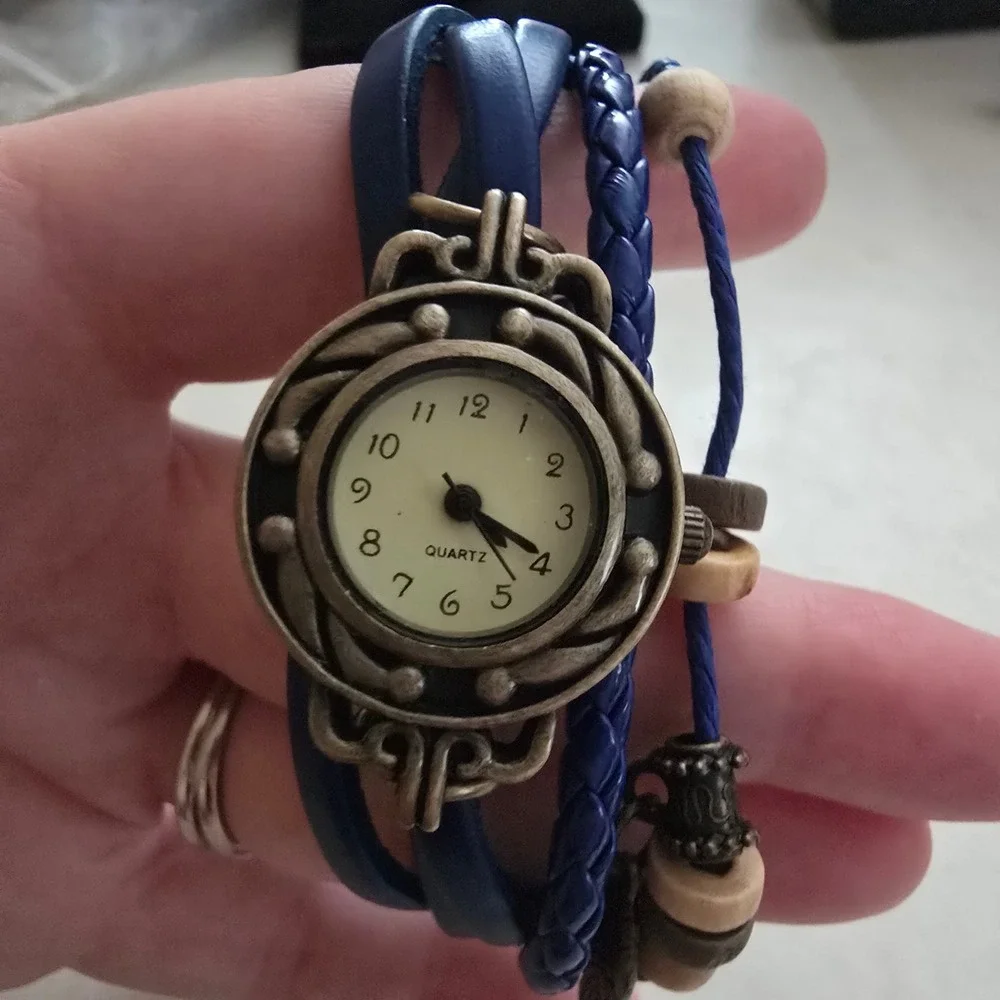 Boho Blue Leather Wrap Bracelet Watch Bronze Wing Charm Beaded Quartz Timepiece